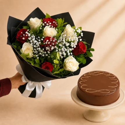 Rose and Chrysanthemum Bouquet with Chocolate Cake